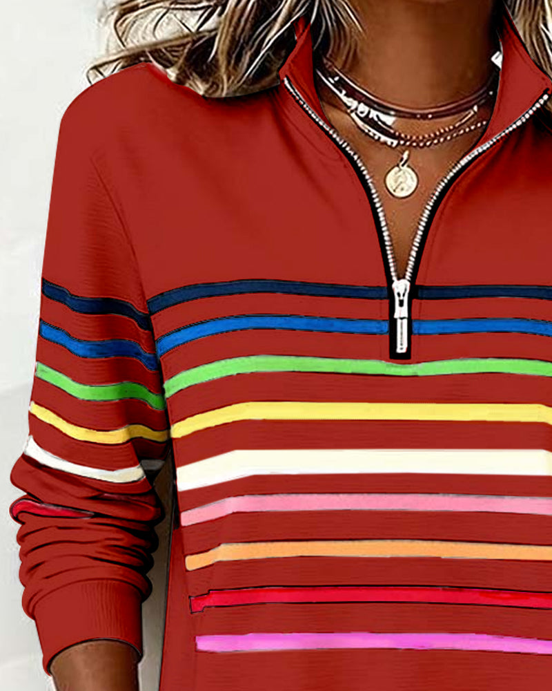 Women's Quarter Zip Knit Pullover with Striped Bands - Stylish & Comfortable Sweater