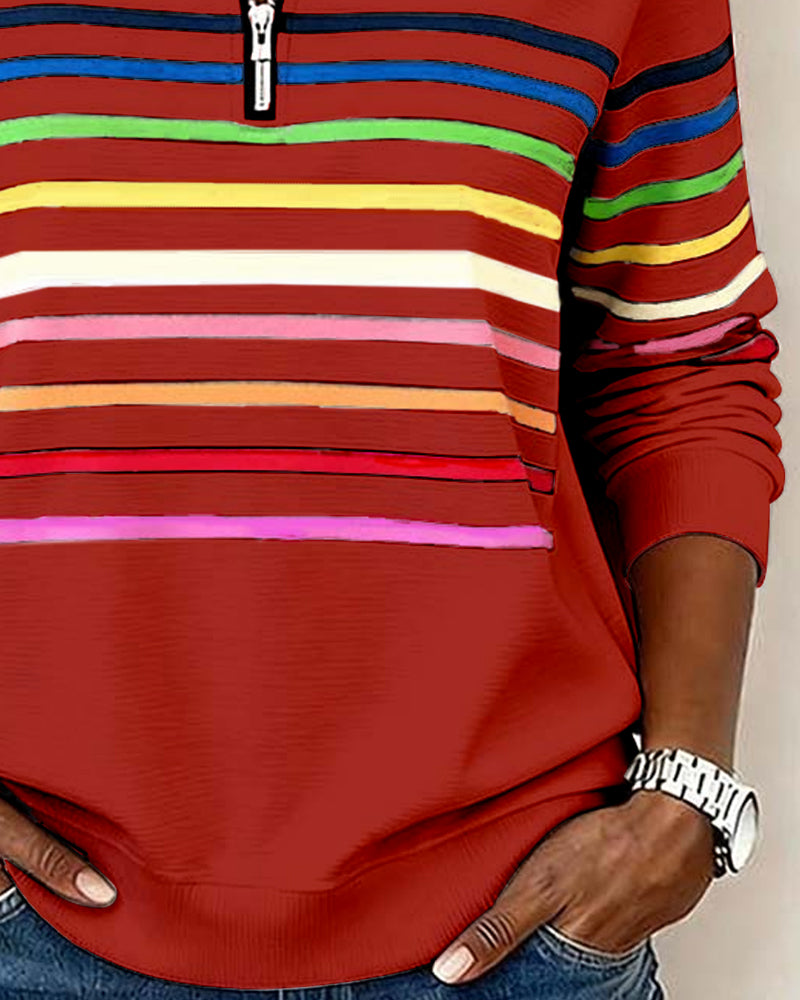 Women's Quarter Zip Knit Pullover with Striped Bands - Stylish & Comfortable Sweater