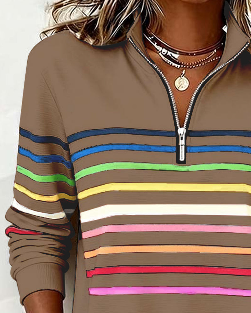 Women's Quarter Zip Knit Pullover with Striped Bands - Stylish & Comfortable Sweater