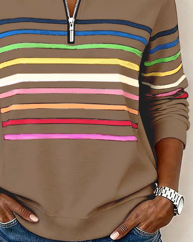 Women's Quarter Zip Knit Pullover with Striped Bands - Stylish & Comfortable Sweater