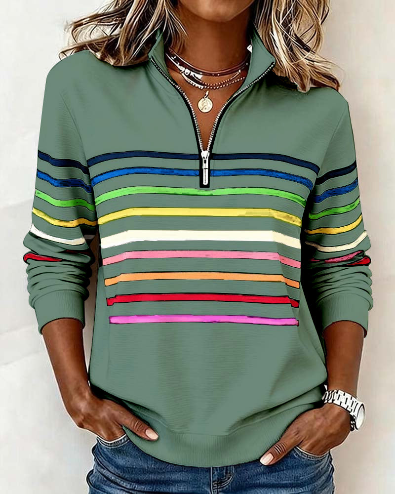 Women's Quarter Zip Knit Pullover with Striped Bands - Stylish & Comfortable Sweater