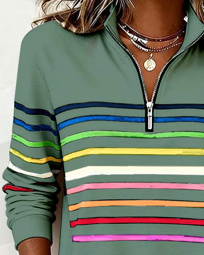 Women's Quarter Zip Knit Pullover with Striped Bands - Stylish & Comfortable Sweater