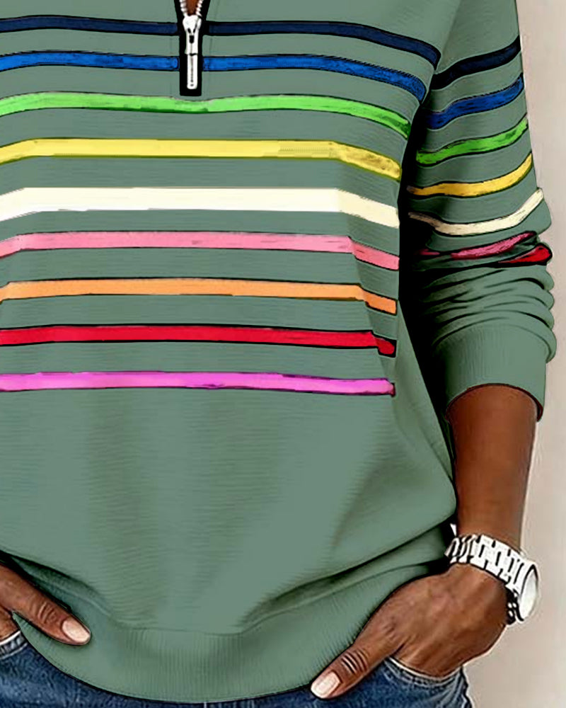 Women's Quarter Zip Knit Pullover with Striped Bands - Stylish & Comfortable Sweater