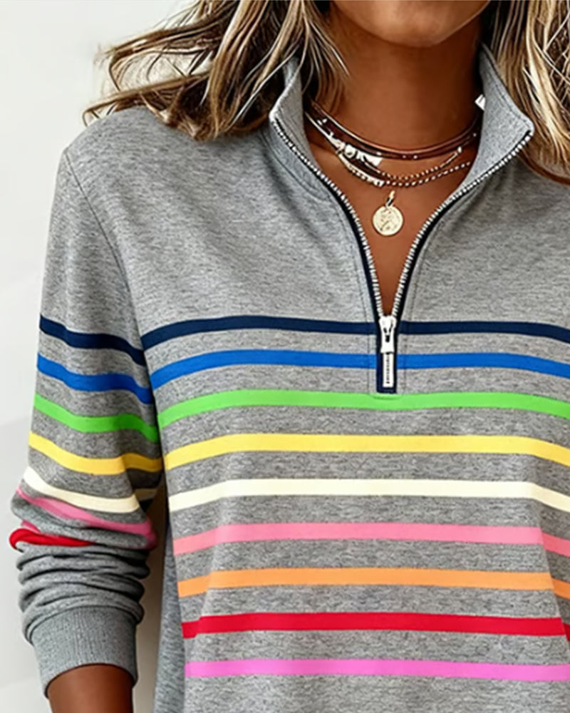 Women's Quarter Zip Knit Pullover with Striped Bands - Stylish & Comfortable Sweater