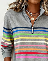 Women's Quarter Zip Knit Pullover with Striped Bands - Stylish & Comfortable Sweater