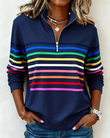 Women's Quarter Zip Knit Pullover with Striped Bands - Stylish & Comfortable Sweater