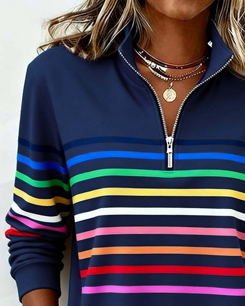 Women's Quarter Zip Knit Pullover with Striped Bands - Stylish & Comfortable Sweater