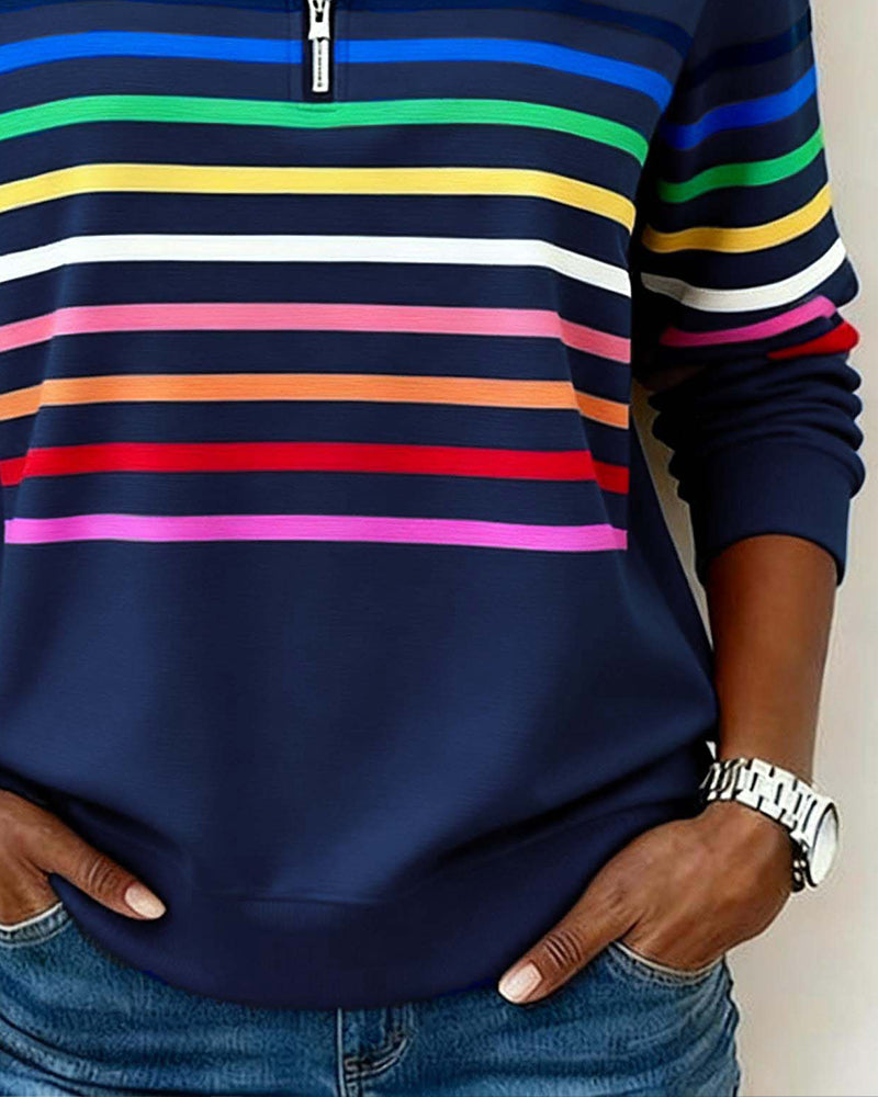 Women's Quarter Zip Knit Pullover with Striped Bands - Stylish & Comfortable Sweater