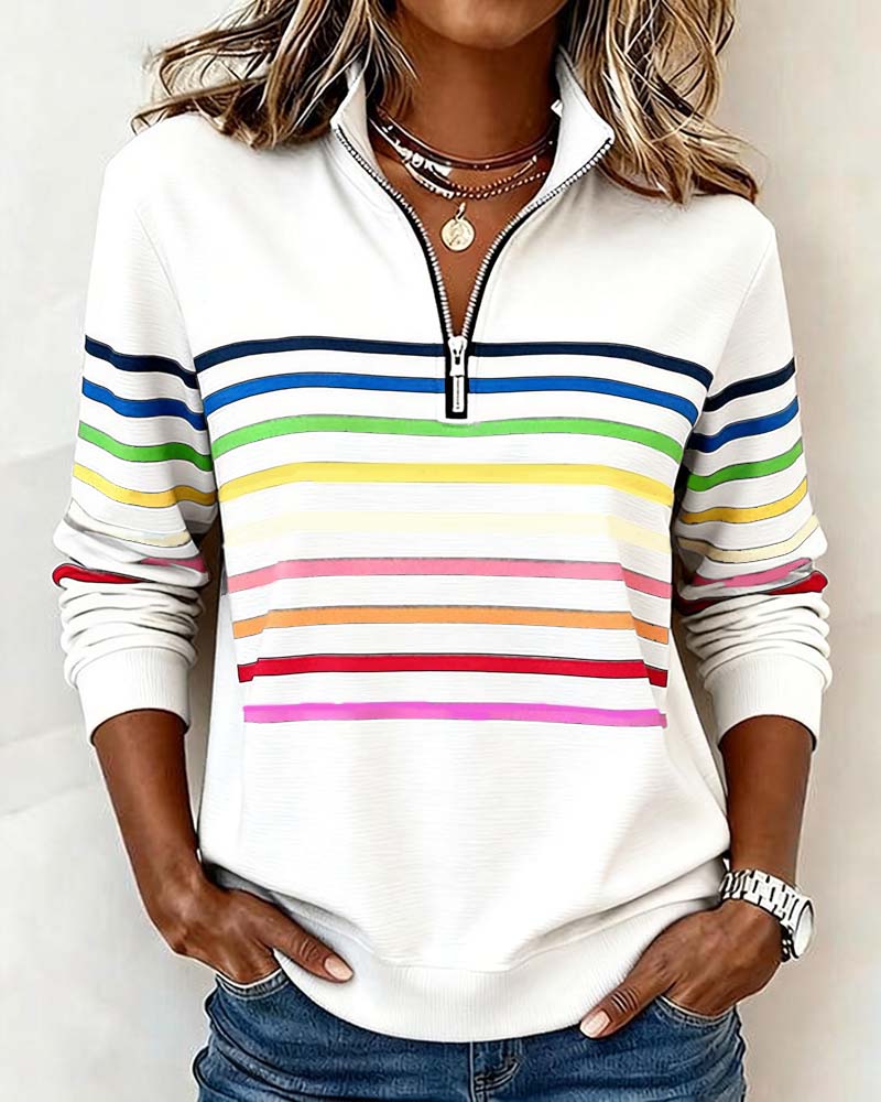 Women's Quarter Zip Knit Pullover with Striped Bands - Stylish & Comfortable Sweater
