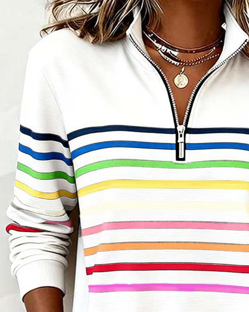 Women's Quarter Zip Knit Pullover with Striped Bands - Stylish & Comfortable Sweater