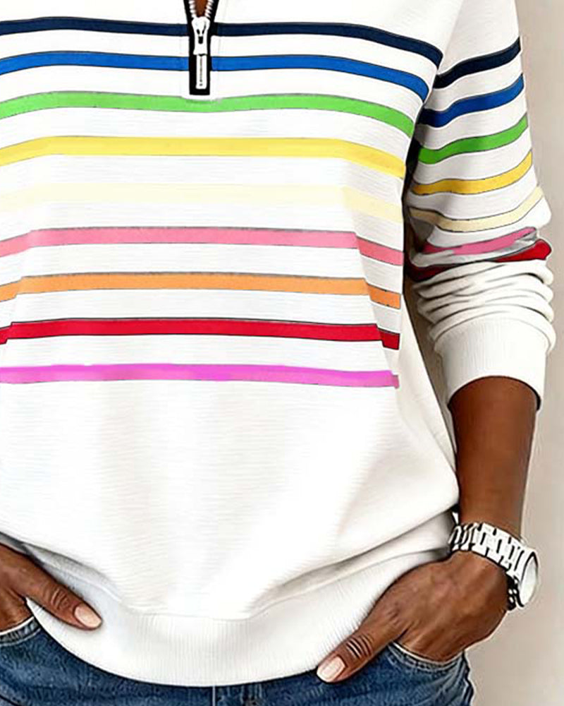 Women's Quarter Zip Knit Pullover with Striped Bands - Stylish & Comfortable Sweater