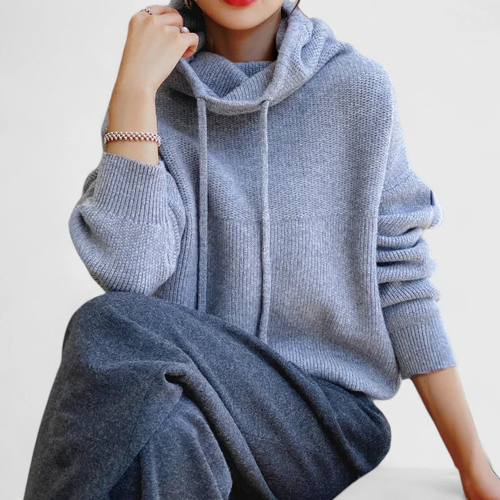 Women's Cozy Knit Hoodie Sweater with Adjustable Drawstrings & Stylish Ribbed Trim - Perfect for Fall & Winter