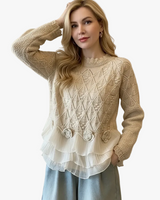Chic Women's Knit Sweater with Tiered Ruffle Hem & Floral Appliques - Stylish Fall Fashion