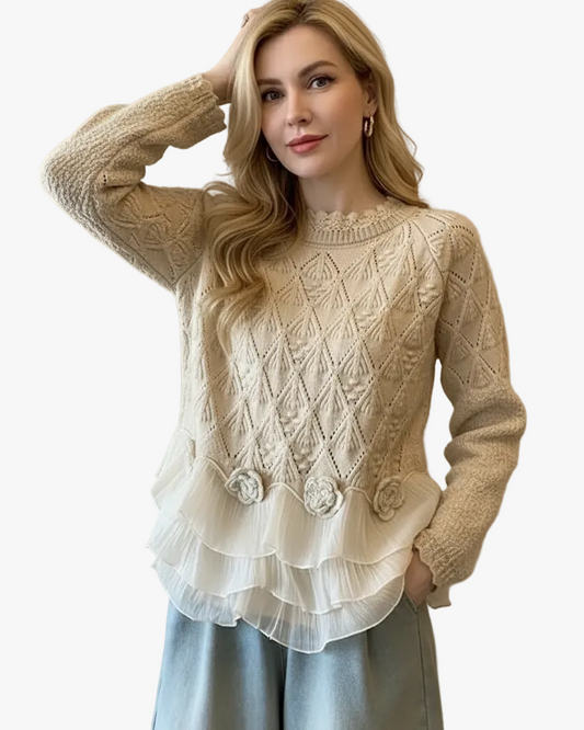 Chic Women's Knit Sweater with Tiered Ruffle Hem & Floral Appliques - Stylish Fall Fashion