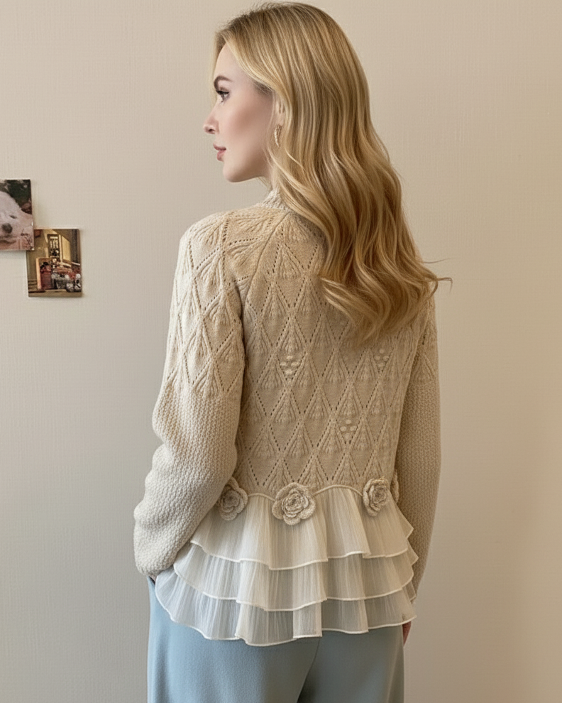 Chic Women's Knit Sweater with Tiered Ruffle Hem & Floral Appliques - Stylish Fall Fashion
