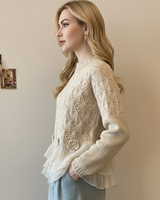 Chic Women's Knit Sweater with Tiered Ruffle Hem & Floral Appliques - Stylish Fall Fashion