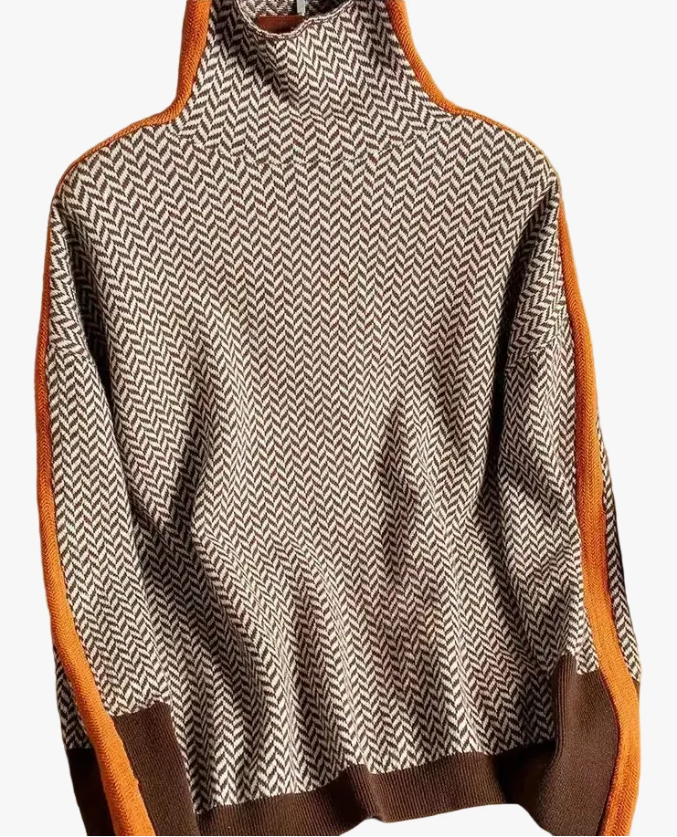 Women's Herringbone Knit Turtleneck Sweater with Striped Sleeves - Stylish & Cozy Fall Fashion
