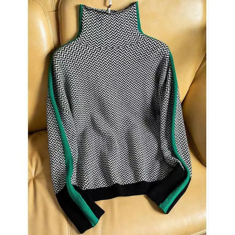 Women's Herringbone Knit Turtleneck Sweater with Striped Sleeves - Stylish & Cozy Fall Fashion
