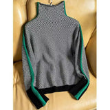 Women's Herringbone Knit Turtleneck Sweater with Striped Sleeves - Stylish & Cozy Fall Fashion