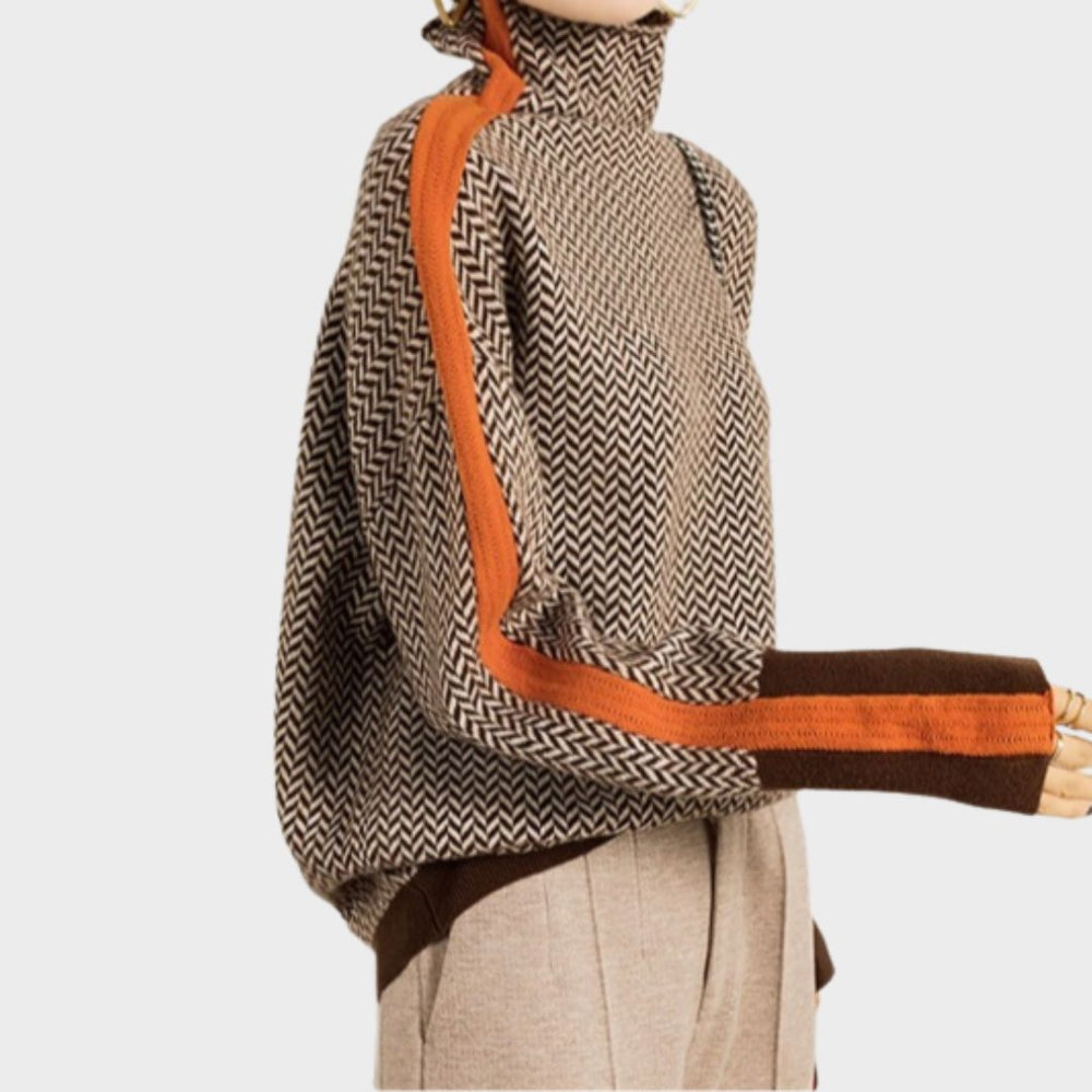 Women's Herringbone Knit Turtleneck Sweater with Striped Sleeves - Stylish & Cozy Fall Fashion
