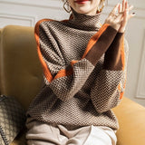 Women's Herringbone Knit Turtleneck Sweater with Striped Sleeves - Stylish & Cozy Fall Fashion
