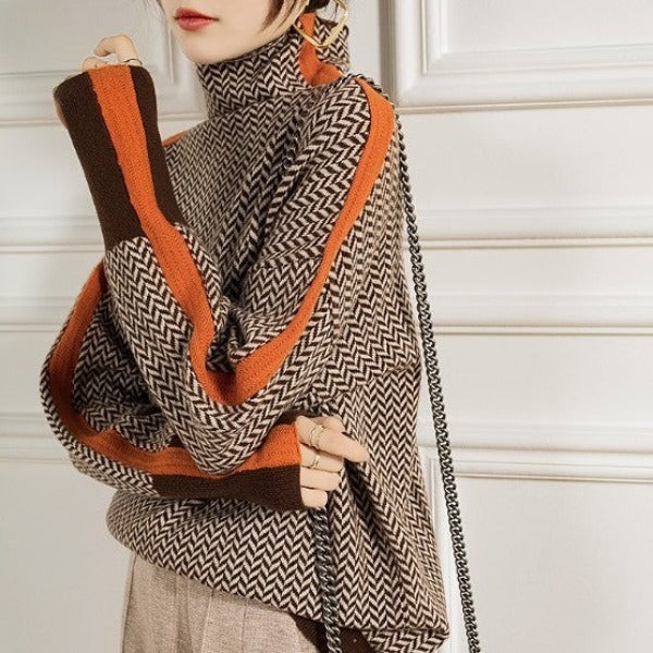 Women's Herringbone Knit Turtleneck Sweater with Striped Sleeves - Stylish & Cozy Fall Fashion