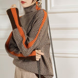 Women's Herringbone Knit Turtleneck Sweater with Striped Sleeves - Stylish & Cozy Fall Fashion