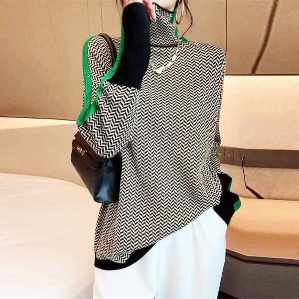 Women's Herringbone Knit Turtleneck Sweater with Striped Sleeves - Stylish & Cozy Fall Fashion