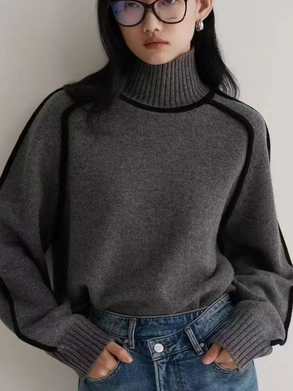 Women's Cozy Knit Turtleneck Sweater - Raglan Sleeves & Stylish Piped Trim