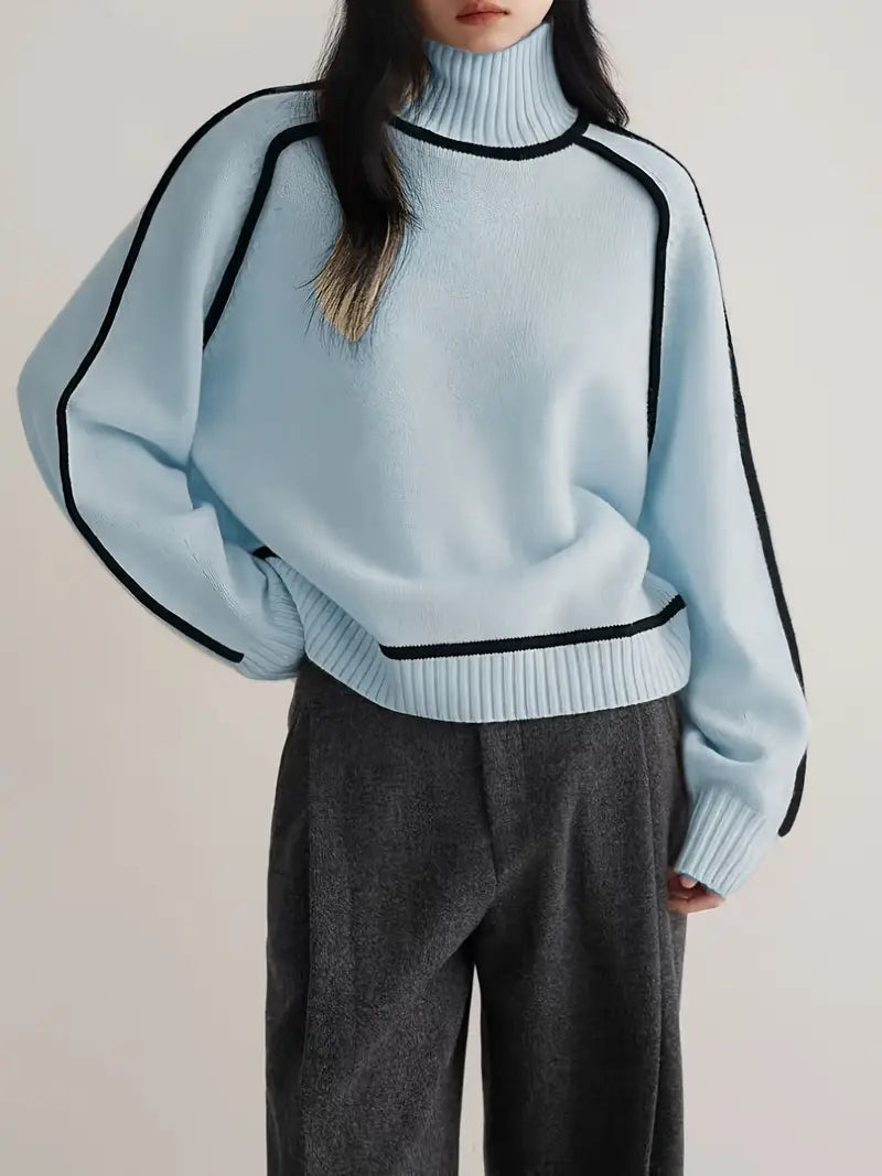 Women's Cozy Knit Turtleneck Sweater - Raglan Sleeves & Stylish Piped Trim