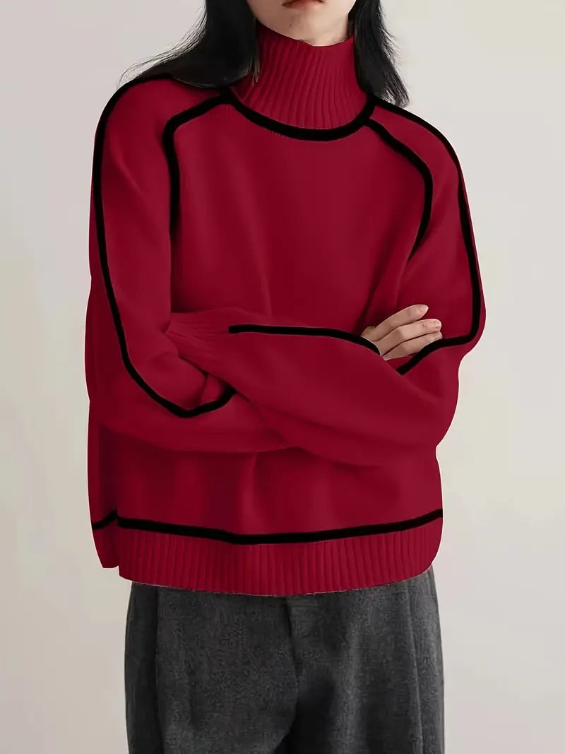 Women's Cozy Knit Turtleneck Sweater - Raglan Sleeves & Stylish Piped Trim