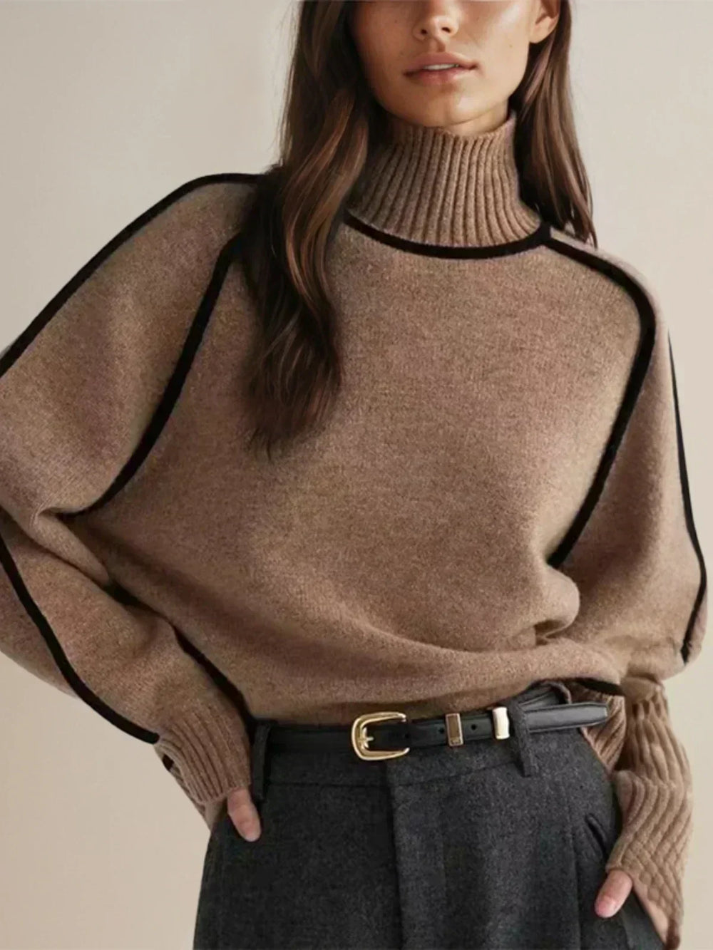Women's Cozy Knit Turtleneck Sweater - Raglan Sleeves & Stylish Piped Trim