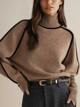 Women's Cozy Knit Turtleneck Sweater - Raglan Sleeves & Stylish Piped Trim