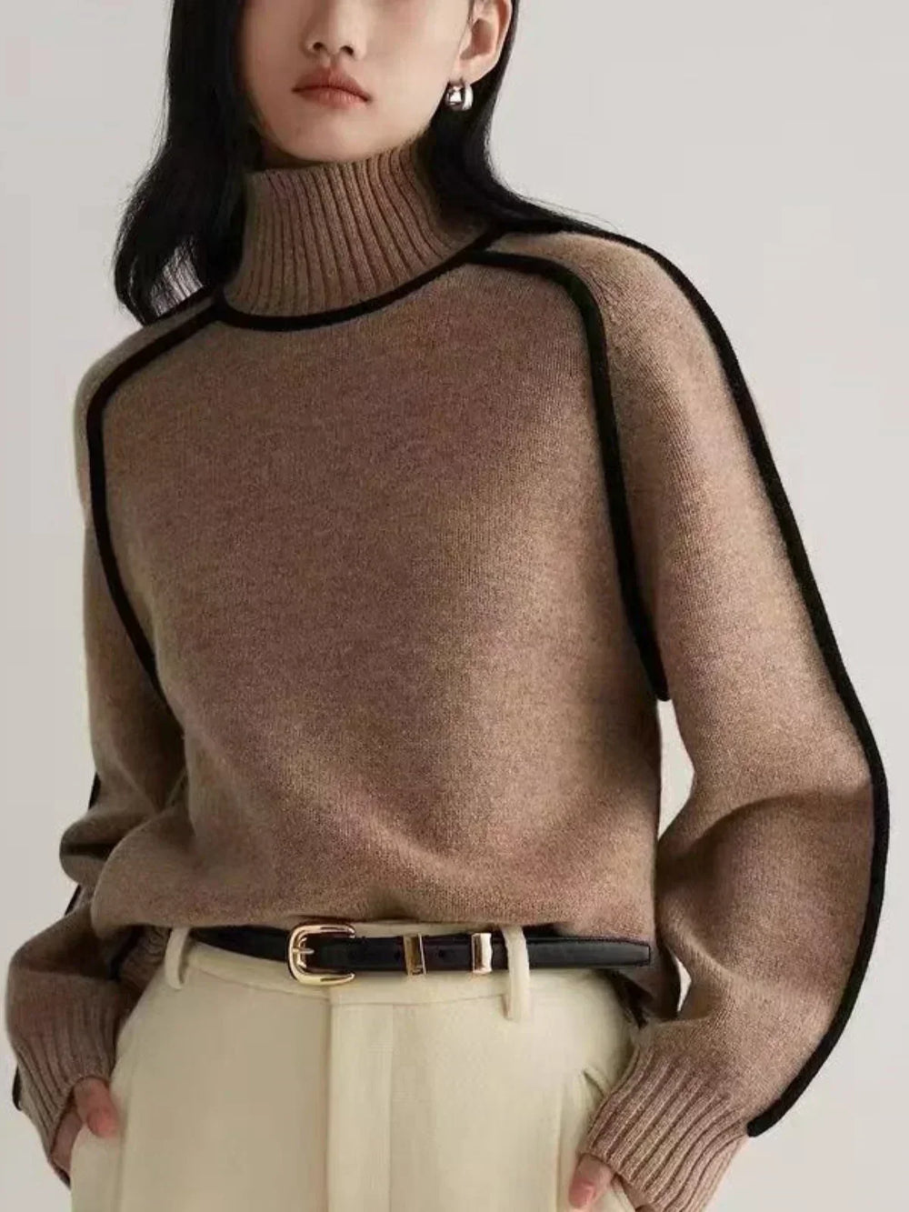 Women's Cozy Knit Turtleneck Sweater - Raglan Sleeves & Stylish Piped Trim