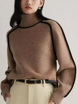 Women's Cozy Knit Turtleneck Sweater - Raglan Sleeves & Stylish Piped Trim