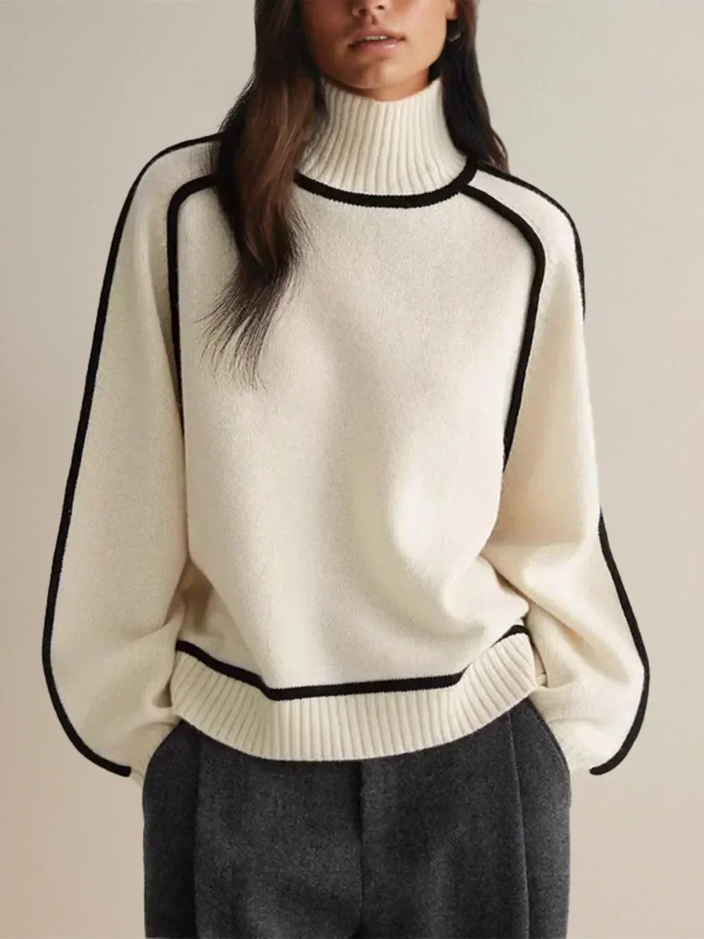 Women's Cozy Knit Turtleneck Sweater - Raglan Sleeves & Stylish Piped Trim