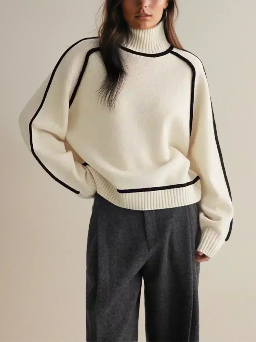 Women's Cozy Knit Turtleneck Sweater - Raglan Sleeves & Stylish Piped Trim