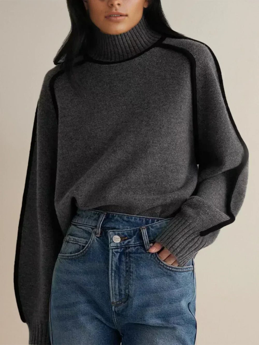 Women's Cozy Knit Turtleneck Sweater - Raglan Sleeves & Stylish Piped Trim