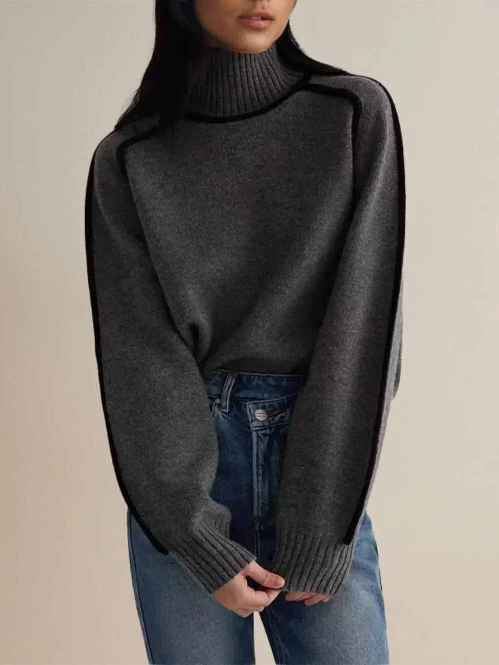 Women's Cozy Knit Turtleneck Sweater - Raglan Sleeves & Stylish Piped Trim