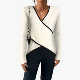 Women's V-Neck Knit Wrap Sweater with Contrast Trim - Cozy & Stylish Layering Essential