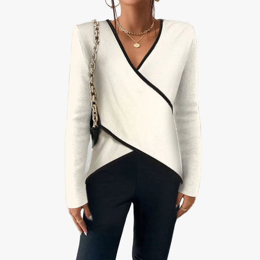 Women's V-Neck Knit Wrap Sweater with Contrast Trim - Cozy & Stylish Layering Essential