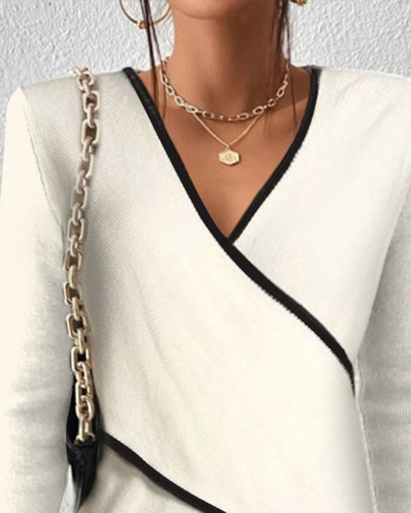 Women's V-Neck Knit Wrap Sweater with Contrast Trim - Cozy & Stylish Layering Essential