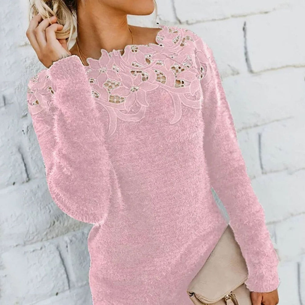 Luna | Women's Lace-Trim Floral Embroidered Long Sleeve Knit Sweater
