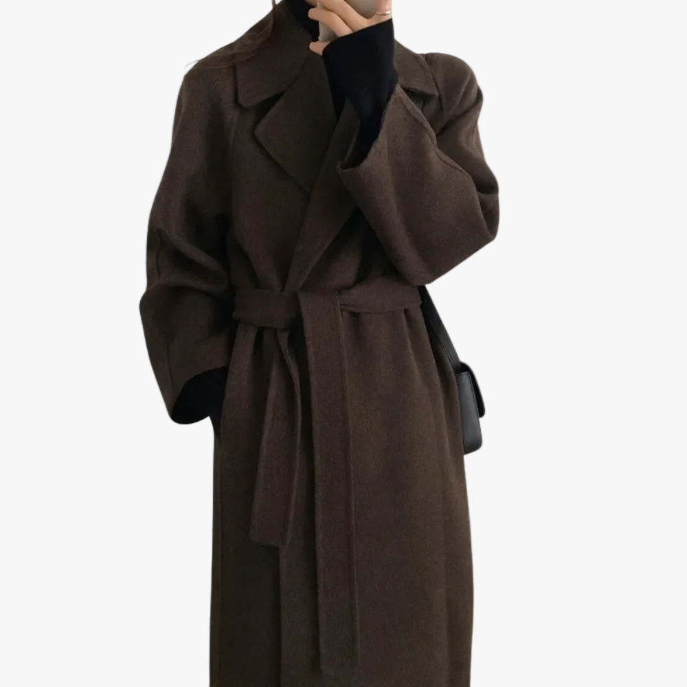 Women's Long Blend Coat with Notched Lapels & Stylish Tie Belt - Elegant Outerwear for All Seasons