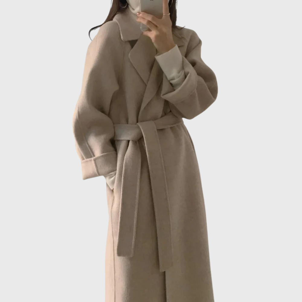 Women's Long Blend Coat with Notched Lapels & Stylish Tie Belt - Elegant Outerwear for All Seasons