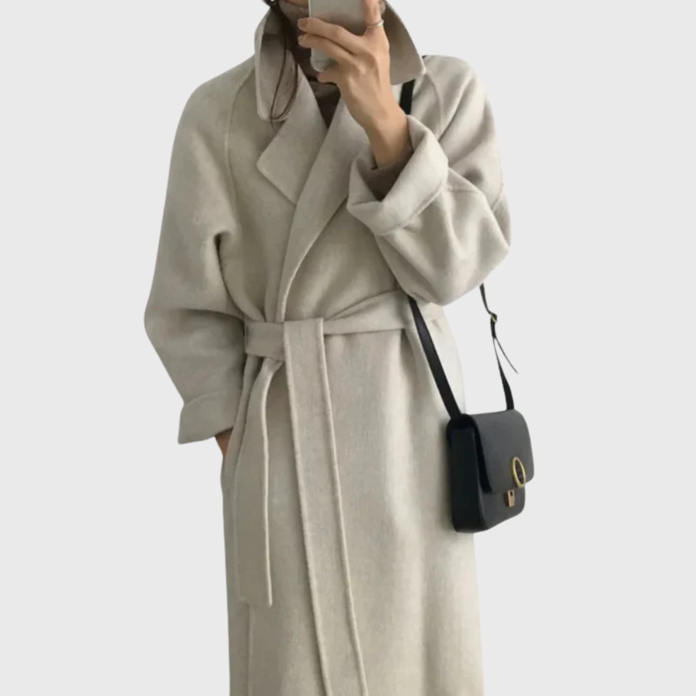 Women's Long Blend Coat with Notched Lapels & Stylish Tie Belt - Elegant Outerwear for All Seasons