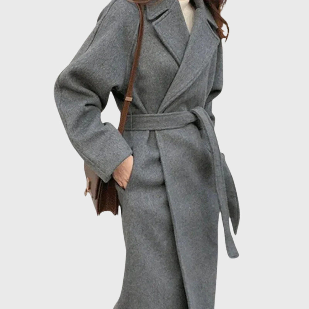 Women's Long Blend Coat with Notched Lapels & Stylish Tie Belt - Elegant Outerwear for All Seasons