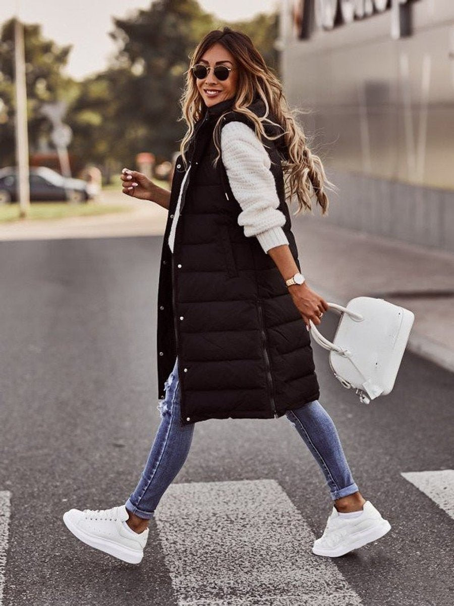 Emma | Women's Long Hooded Quilted Puffer Vest Sleeveless Winter Coat