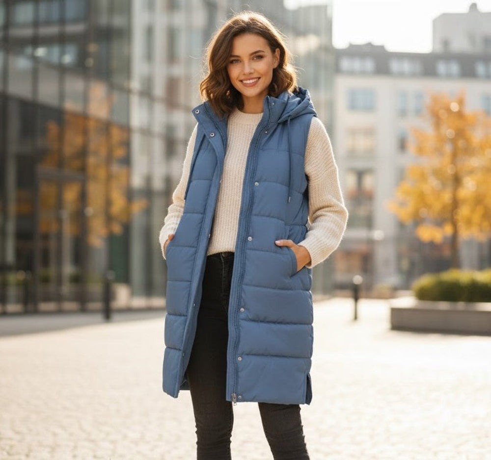 Emma | Women's Long Hooded Quilted Puffer Vest Sleeveless Winter Coat