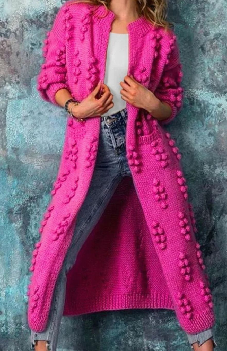 Olivia | Women's Long Open-Front Pom-Pom Knitted Cardigan Sweater